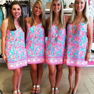 Lilly Pulitzer Pink Blue Sea Coral Dusk Lined 100% Silk Dress Size XS